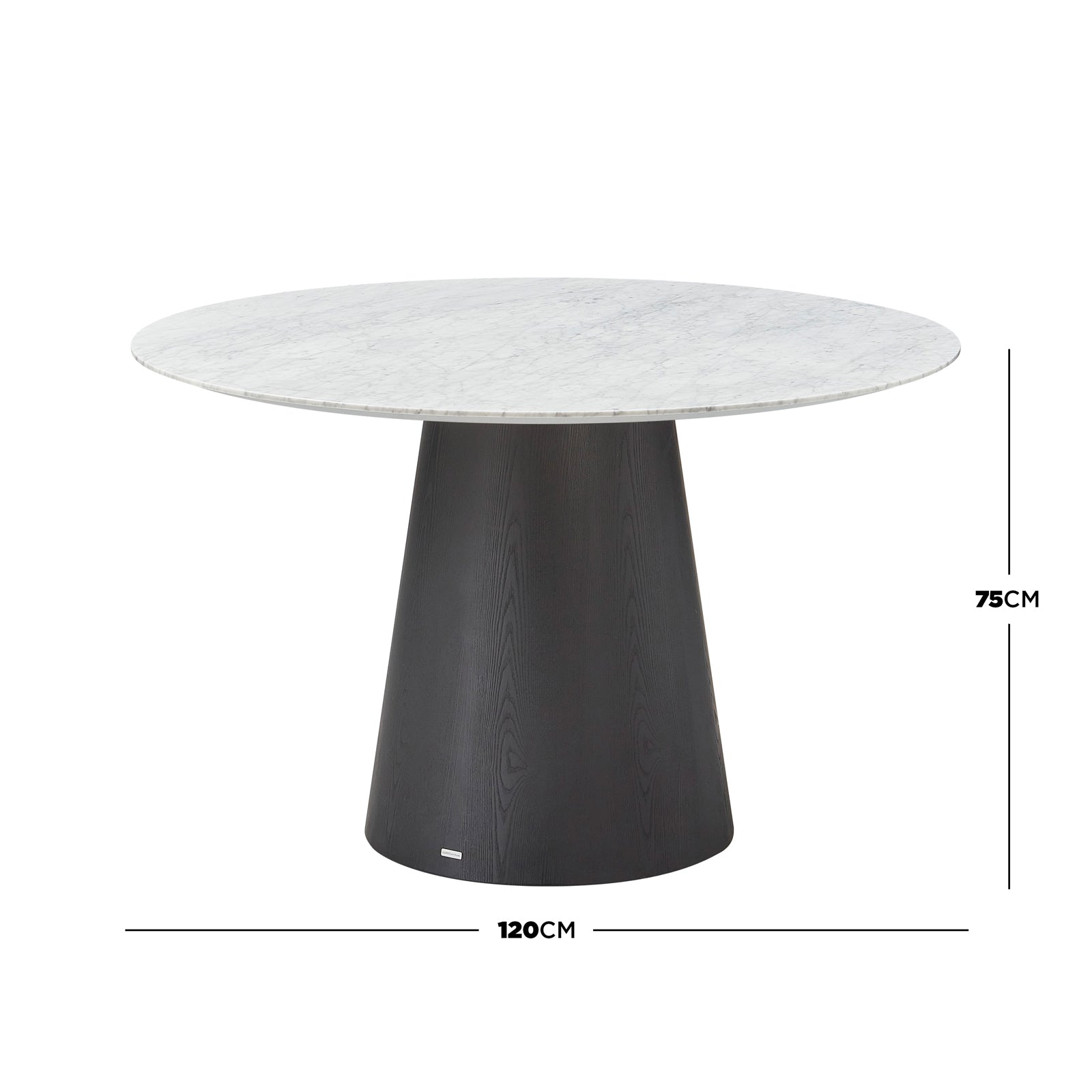 Dina 120cm Round Marble Dining Table features a sleek white marble top and dark-wood conical base, measuring 120cm in diameter and 75cm in height, offering elegant, compact dining luxury.