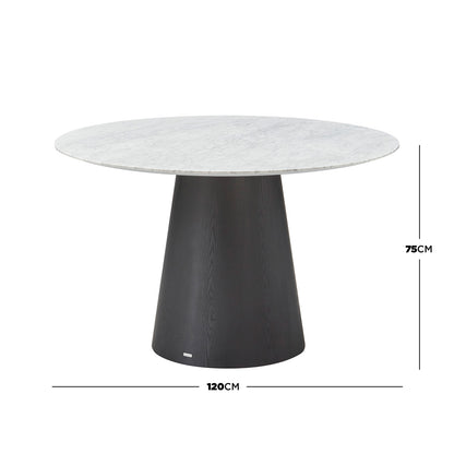 Dina 120cm Round Marble Dining Table features a sleek white marble top and dark-wood conical base, measuring 120cm in diameter and 75cm in height, offering elegant, compact dining luxury.