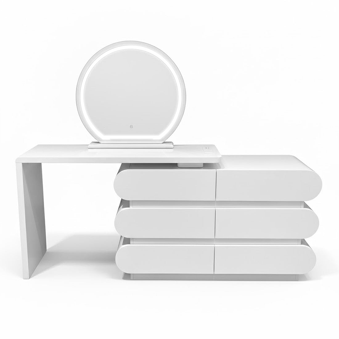 Alora LED Mirror Makeup Vanity Table with Storage in White, featuring a round LED-lit mirror, six pill-shaped drawers, and an extendable desktop supported by a panel leg, ideal for organized, elegant routines.