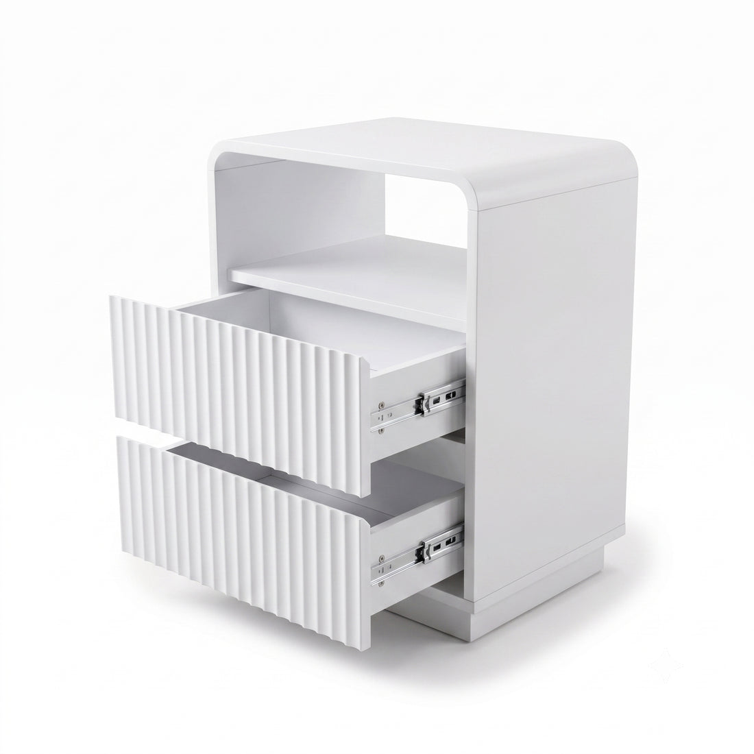 White nightstand on a white background with both drawers partially open.