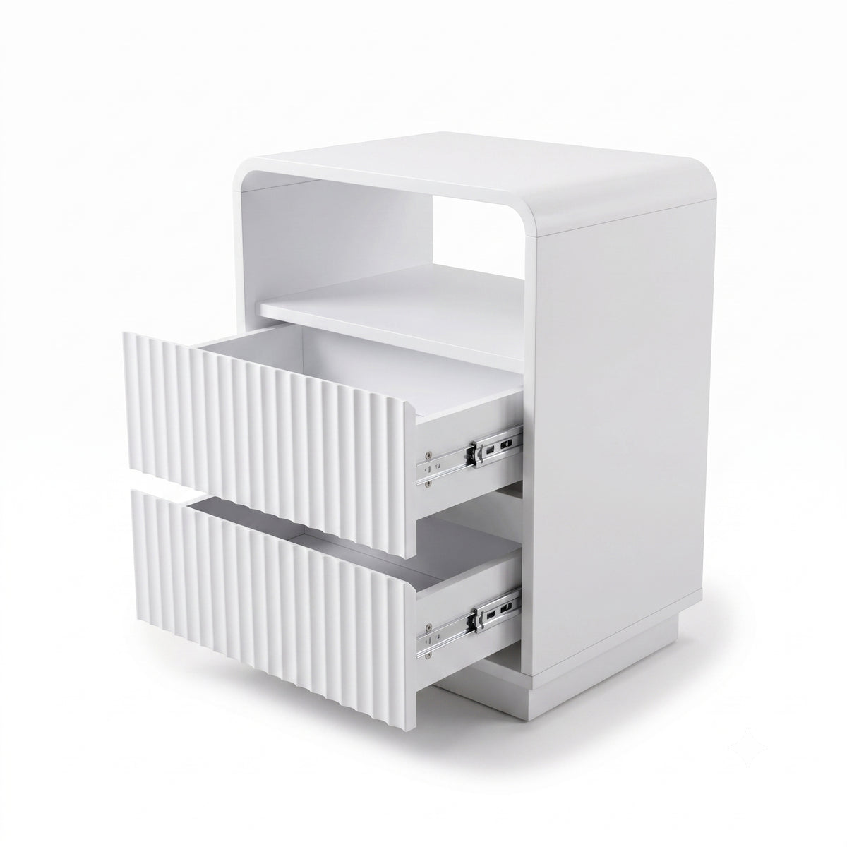 White nightstand on a white background with both drawers partially open.