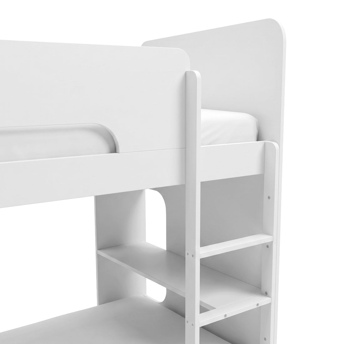 Cropped white bunk bed on a white background showing upper and lower sleeping areas
