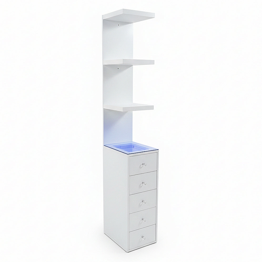 White storage unit with three shelves, tinted middle shelf, and five drawers on white background