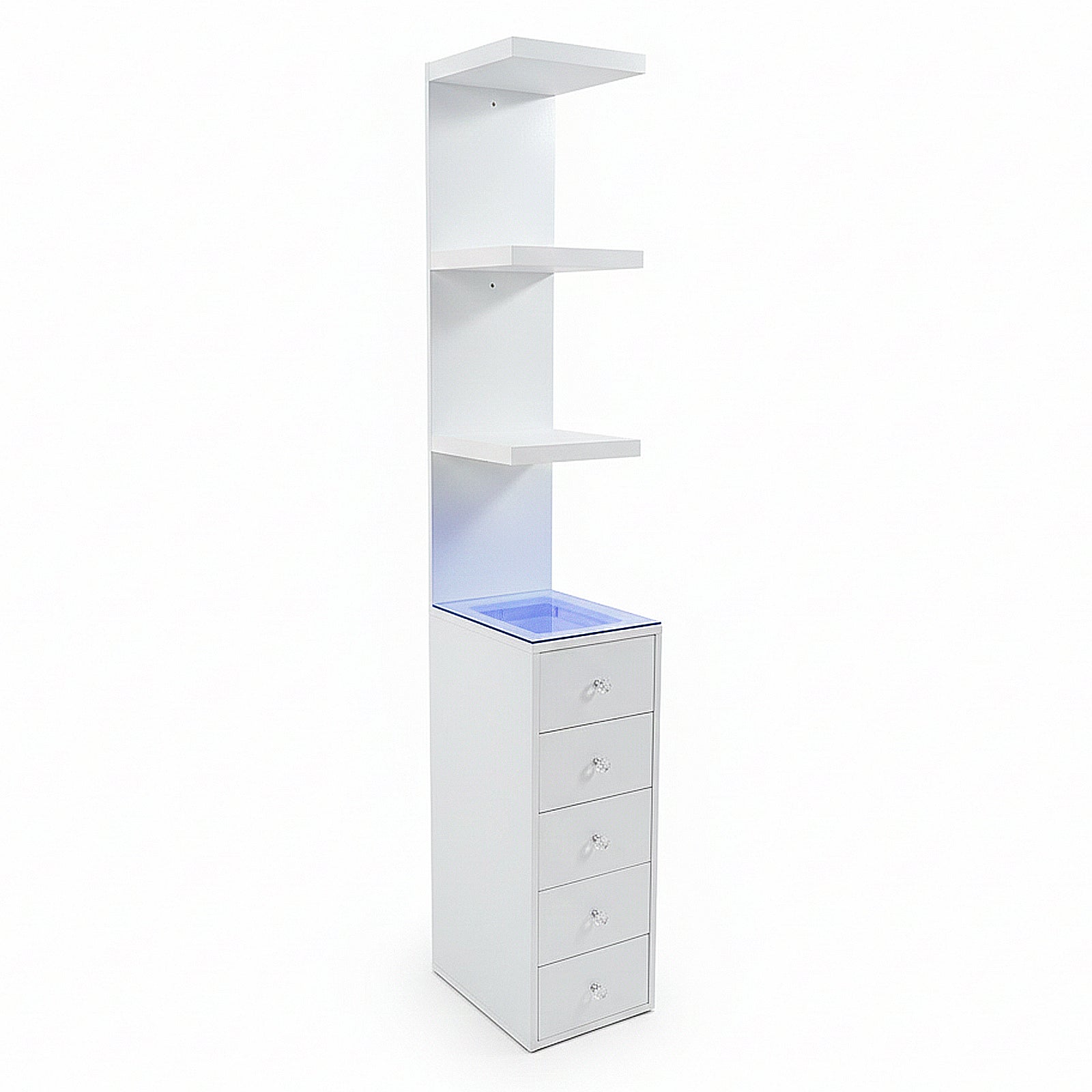 White storage unit with three shelves, tinted middle shelf, and five drawers on white background