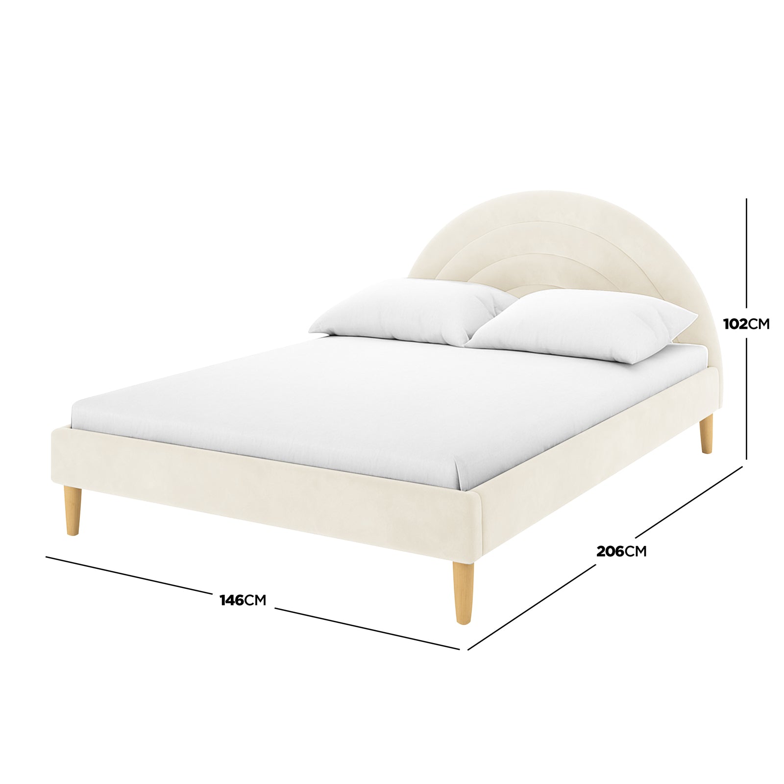 Estilla Velvet Rainbow Bed in Beige: Minimalist bed frame with a scalloped headboard on wooden legs, upholstered in velvet. Includes supportive slats, offering playful, elegant design ideal for cosy, modern bedrooms.
