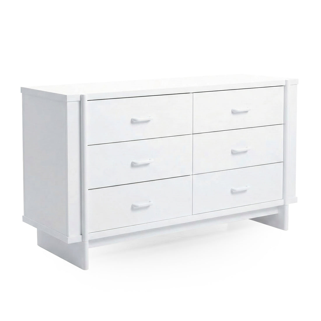 White six-drawer dresser on white background viewed at an angle