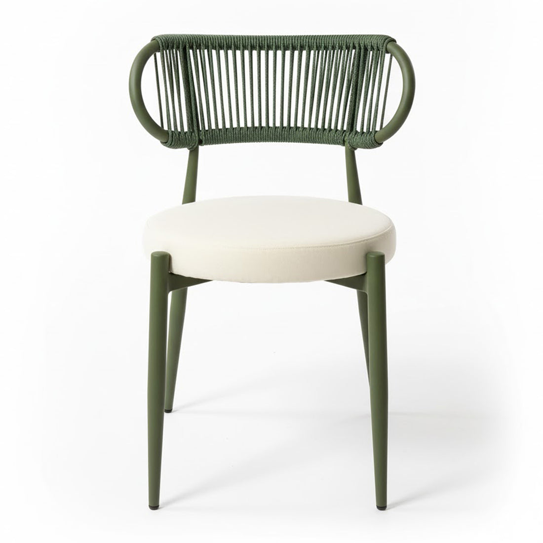 Cabria 9 Piece Sintered Stone Outdoor Dining Set in Green features a modern chair with olive-green tapered legs, a cream padded seat, and a tubular backrest wrapped in green rope slats.