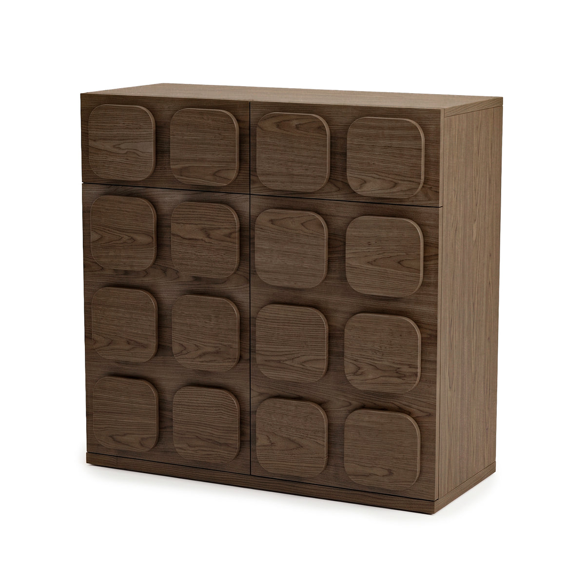 Modern wooden cabinet with a geometric front pattern shown at a slight angle on a white background