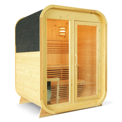 Waru 3 Person Traditional Finnish Outdoor Sauna in Natural, featuring a freestanding wooden pod design with a glass front door, internal benches, and compact size, ideal for home wellness.