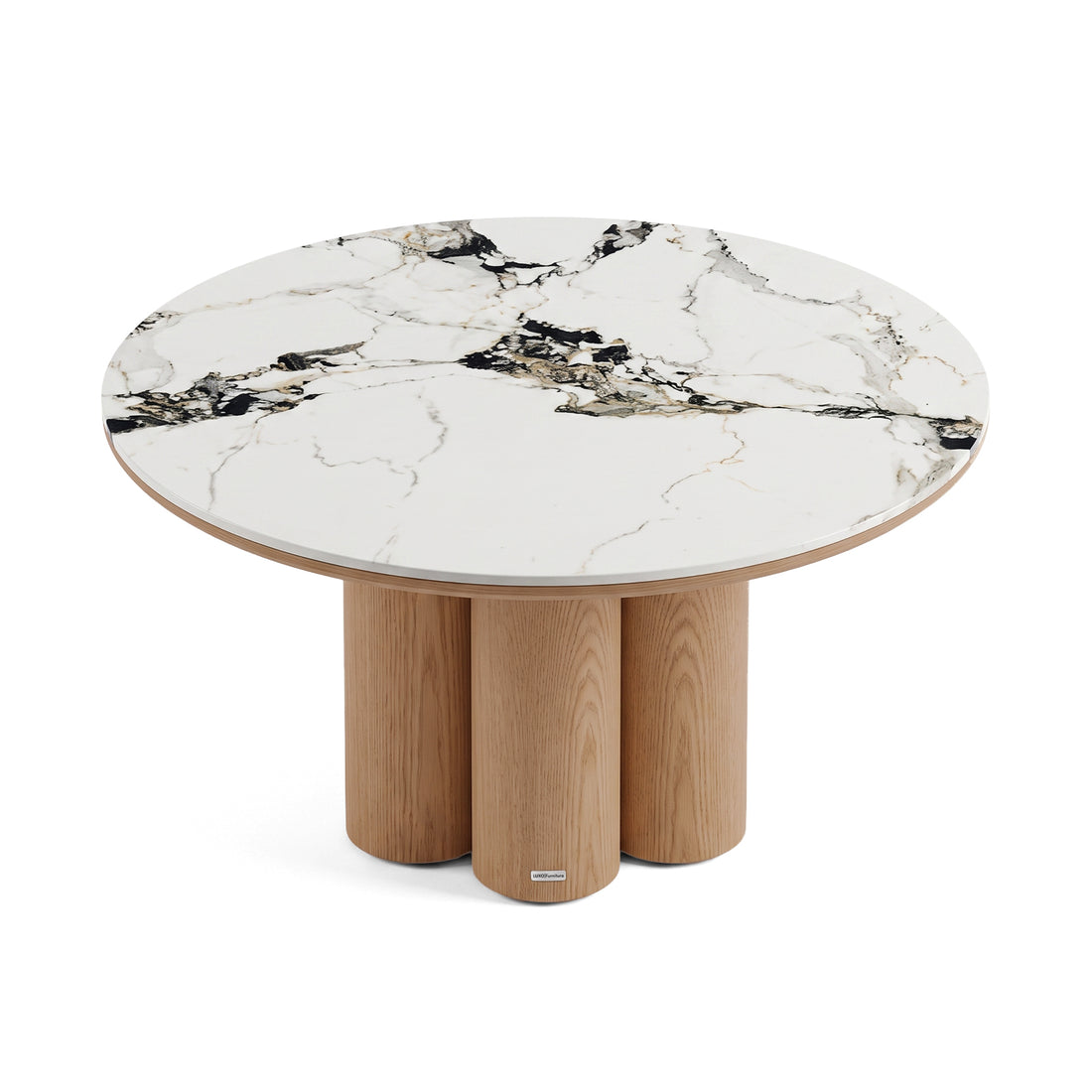 Contemporary round table with black and gold veined marble-effect top and cylindrical wooden base on a white background