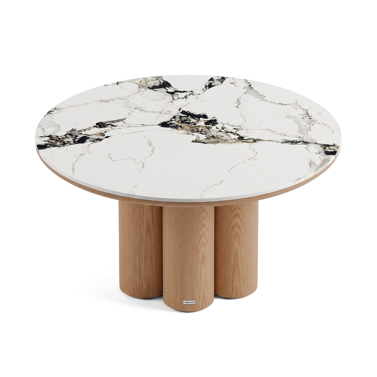 Contemporary round table with black and gold veined marble-effect top and cylindrical wooden base on a white background