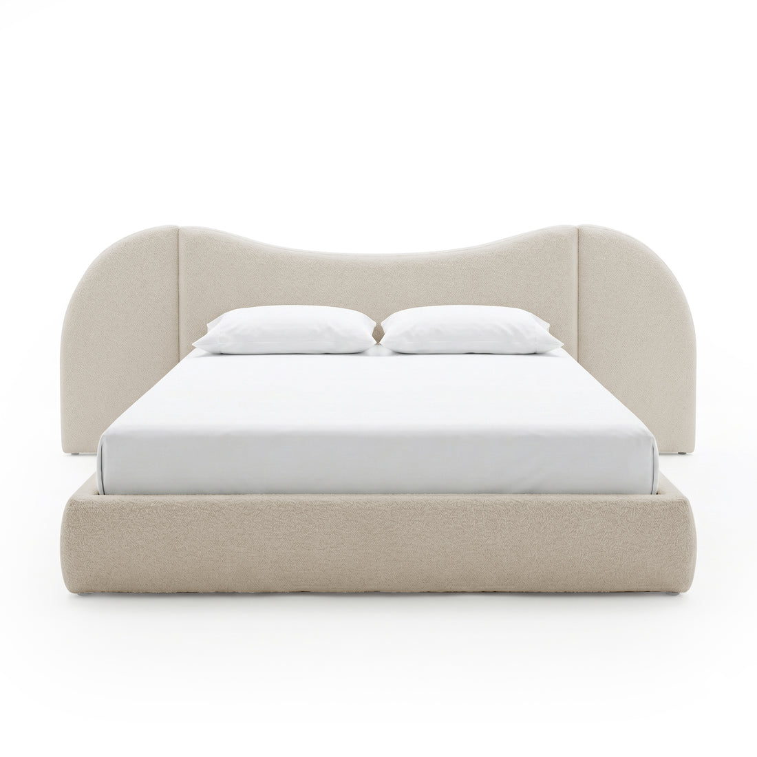 Front view of upholstered bed on white background
