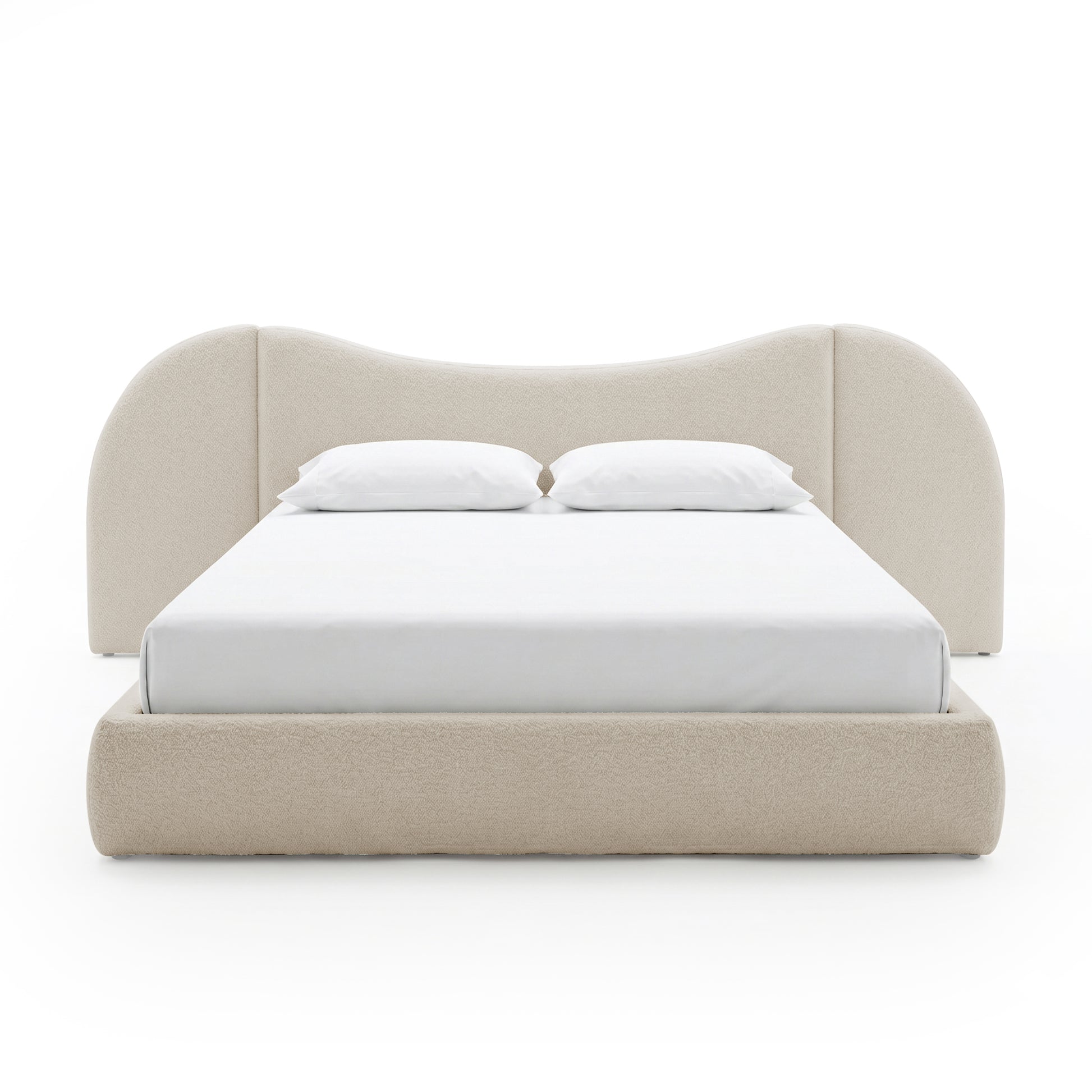 Front view of upholstered bed on white background