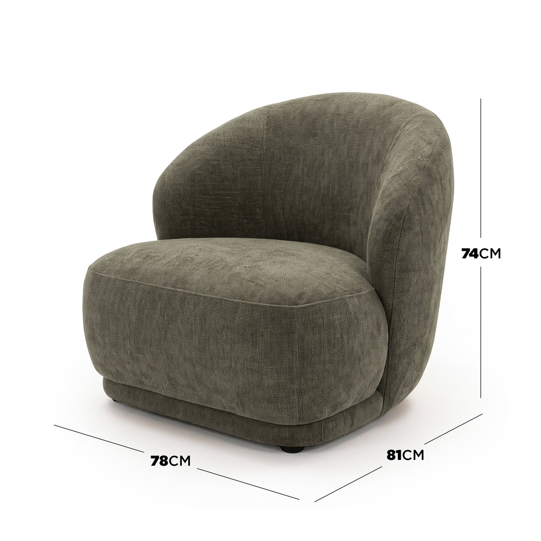 Moss green accent chair on white background with height, width, and depth measurements