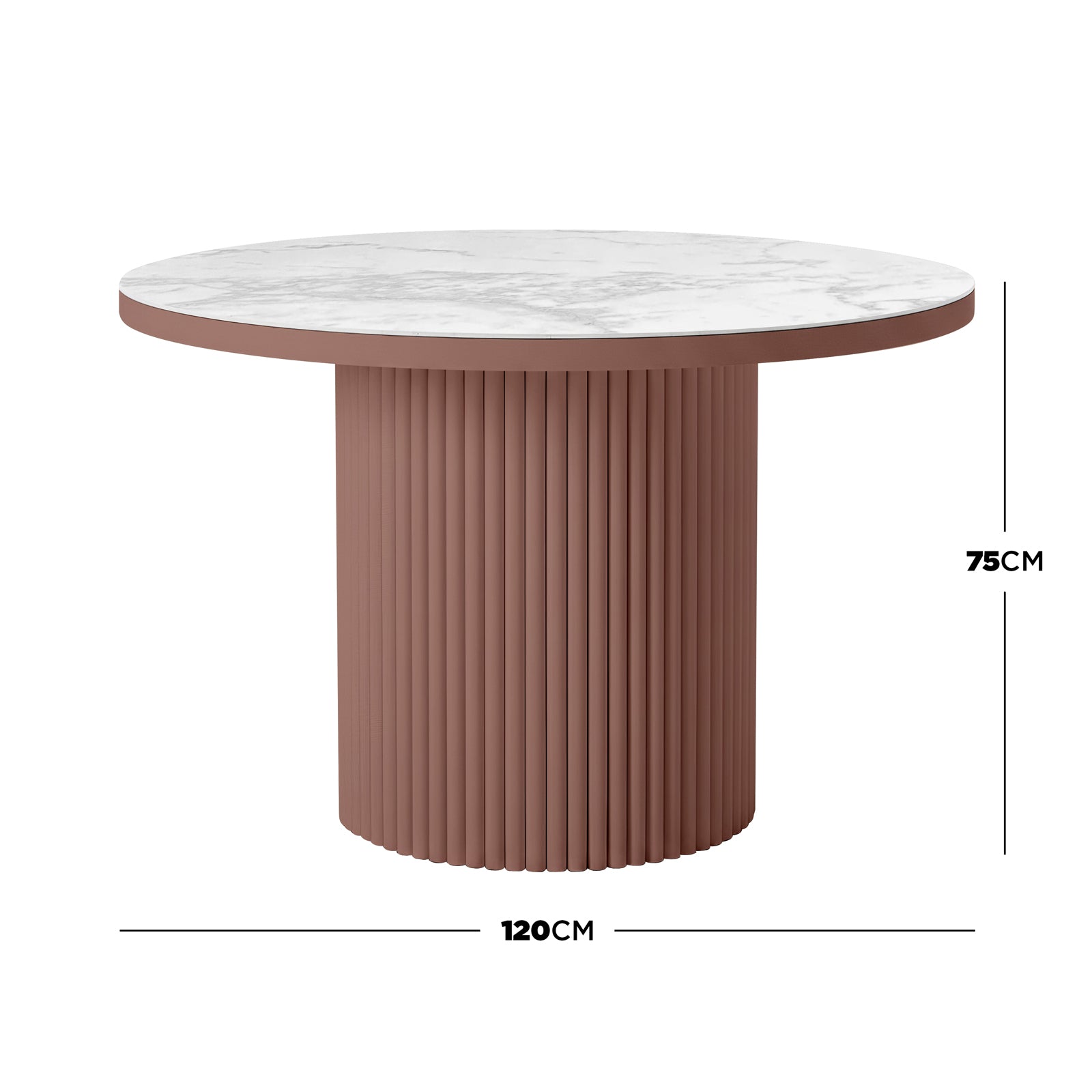 Evone 4 Seater Stone Outdoor Dining Table Set features a 120 cm marble-style round tabletop on a fluted terracotta pedestal, perfect for stylish, compact outdoor dining.