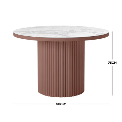 Evone 4 Seater Stone Outdoor Dining Table Set features a 120 cm marble-style round tabletop on a fluted terracotta pedestal, perfect for stylish, compact outdoor dining.