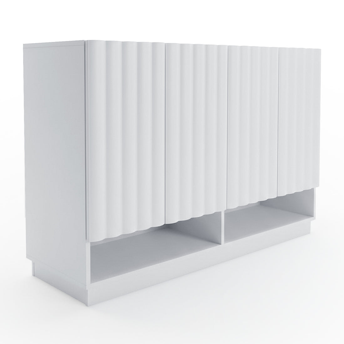 White storage cabinet with wave-patterned doors on a white background