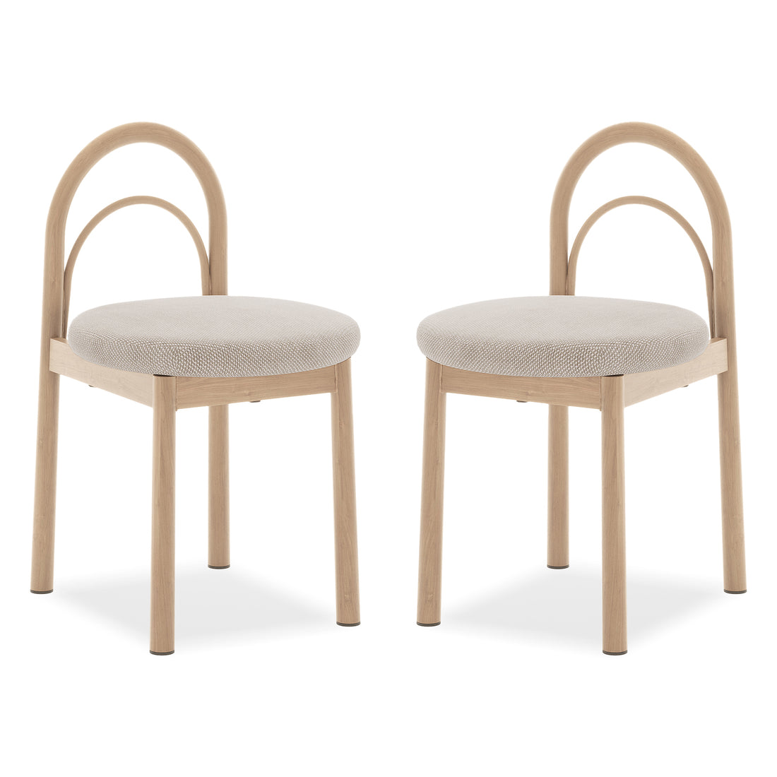 Two modern chairs with arched backs on a white background.