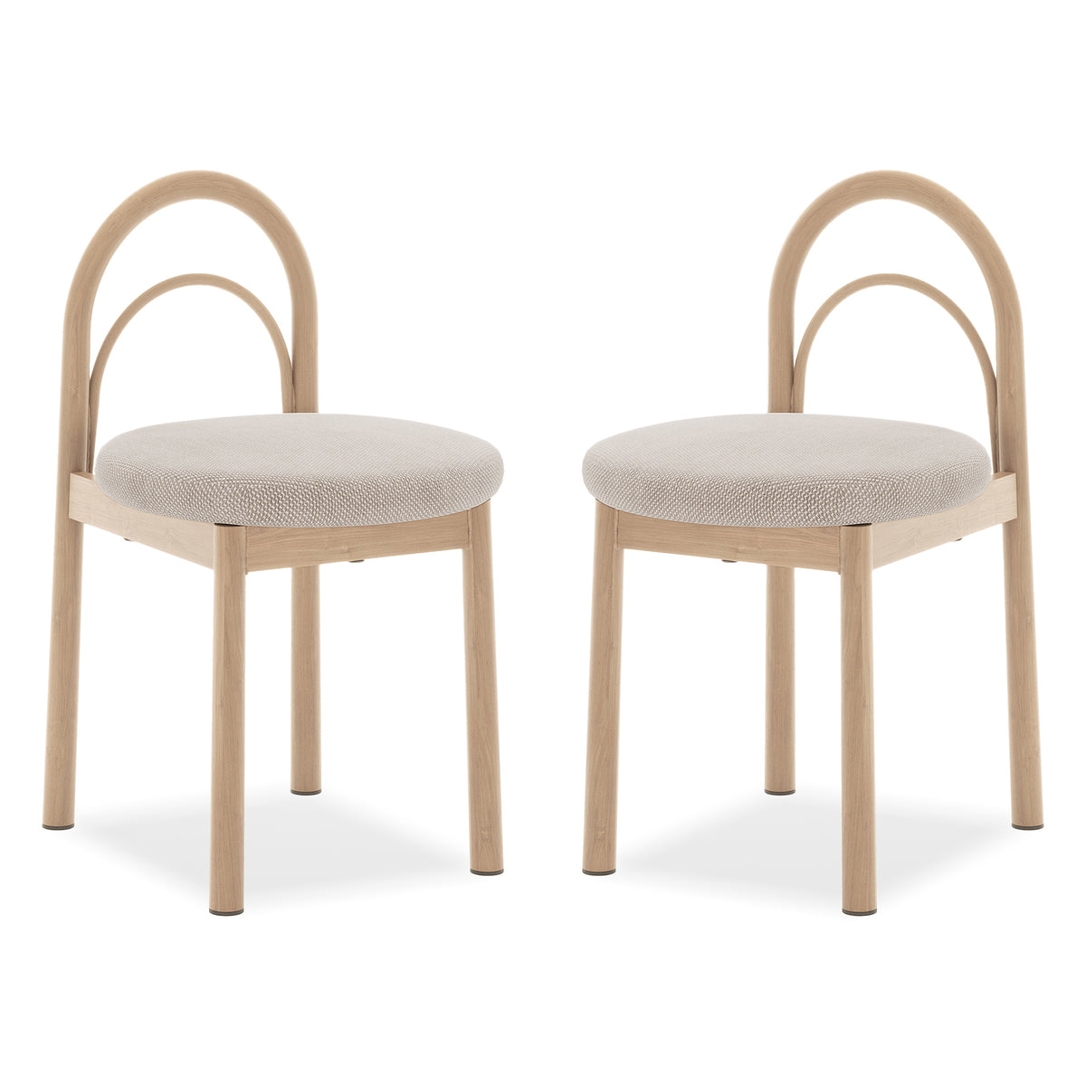 Two modern chairs with arched backs on a white background.