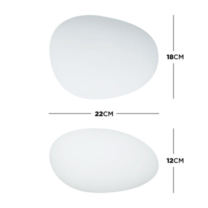 Diagram showing the Solar Outdoor LED Rock Light Waterproof Garden Lamp, featuring a top view as an irregular oval (22 cm by 18 cm) and a side view (12 cm deep), resembling a natural stone.