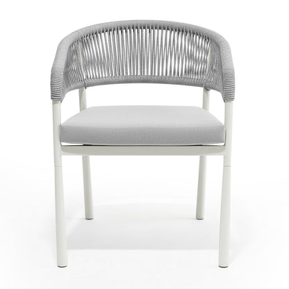 Coastal Outdoor Rope Dining Chairs Set of 2 in White featuring a white tubular frame, gray padded seat cushions, and a woven rope backrest, designed for stylish and comfortable alfresco dining.