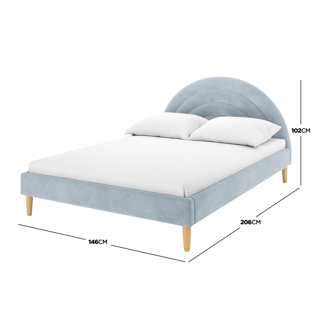 Estilla Velvet Rainbow Bed in Ice Blue features a rounded headboard with horizontal stitching, low-profile velvet rails, natural wood legs, and a white mattress, offering charm and practicality.