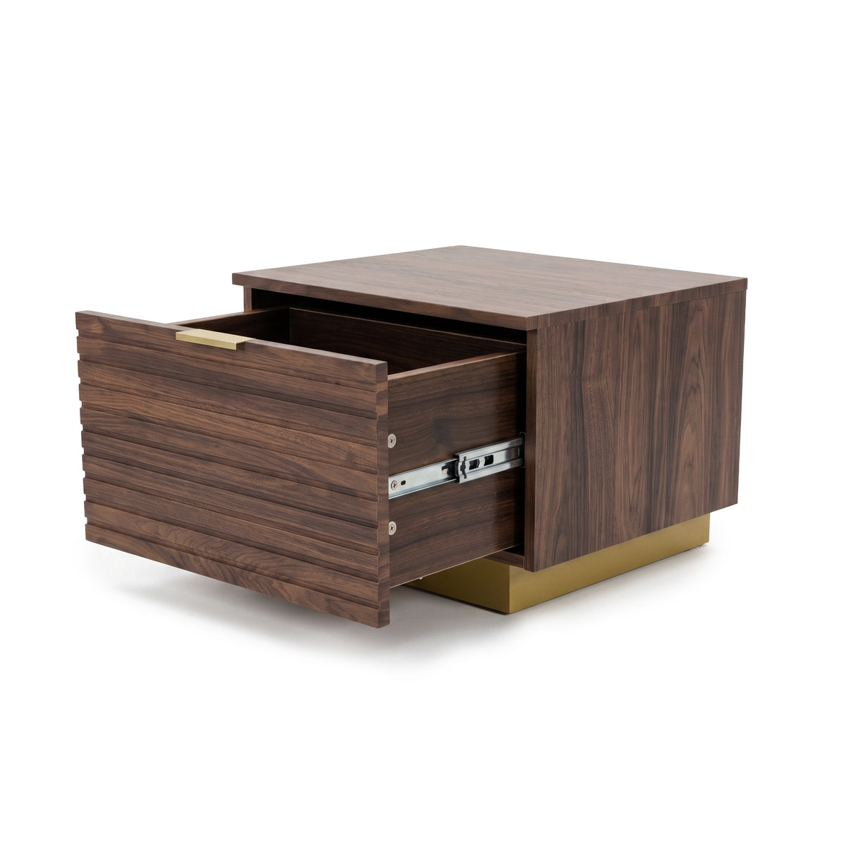 Open drawer wooden nightstand on a white background