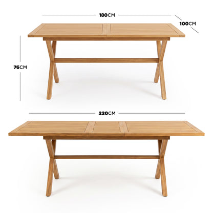 Wooden dining table with listed dimensions and extendable length options
