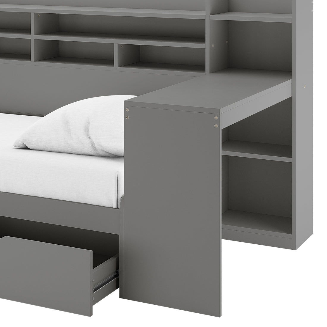 Hally Storage Single Bed with Desk and Drawers in Grey, featuring a modular bed frame with integrated shelves, a pull-out drawer, and a vertical desk panel for efficient space-saving.