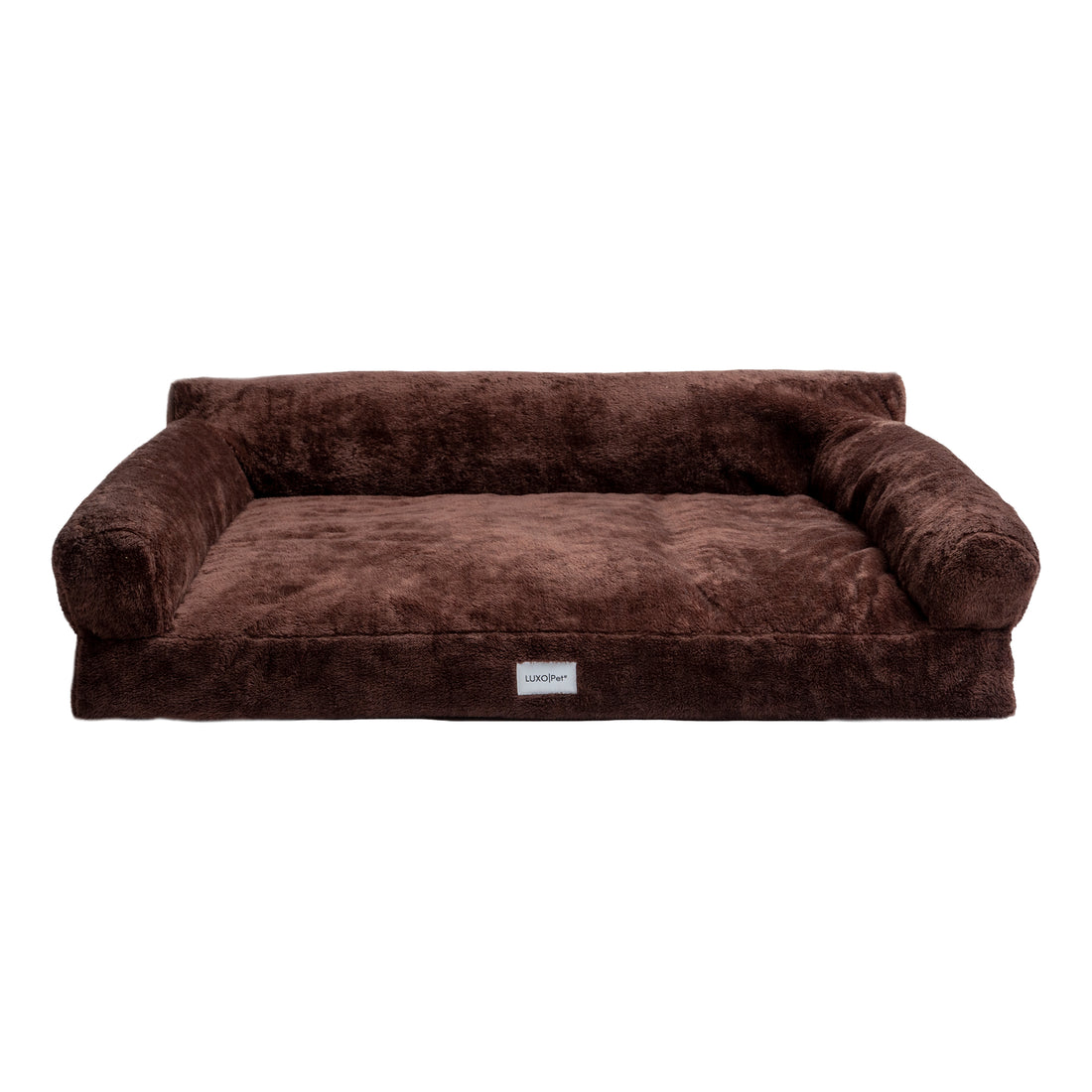 Brown rectangular bolster dog bed on white background