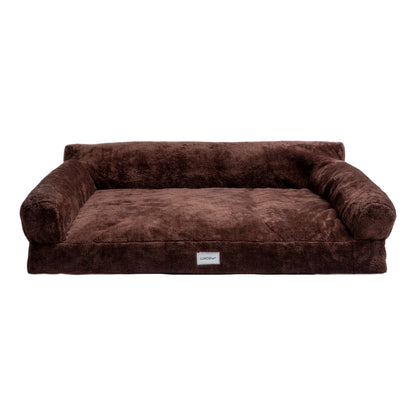 Brown rectangular bolster dog bed on white background