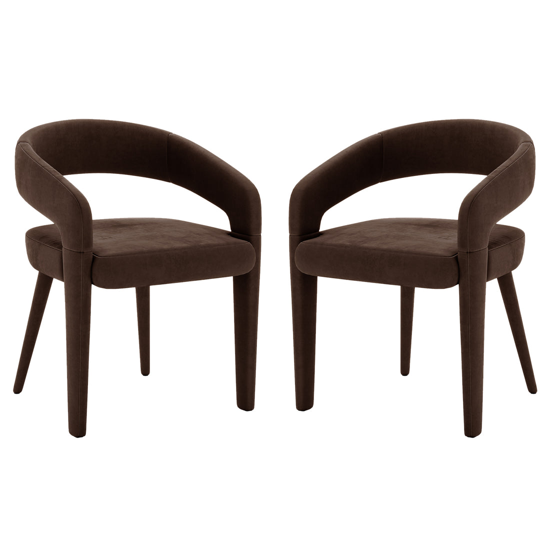 Eisha Velvet Dining Chair Set of 2 in Deep Mocha Brown features rounded backs, short armrests, padded seats, and upholstered straight legs, offering a modern, luxurious touch to any dining area.