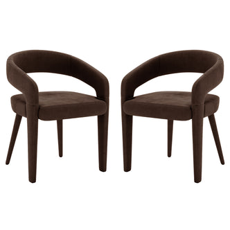 Eisha Velvet Dining Chair Set of 2 in Deep Mocha Brown features rounded backs, short armrests, padded seats, and upholstered straight legs, offering a modern, luxurious touch to any dining area.
