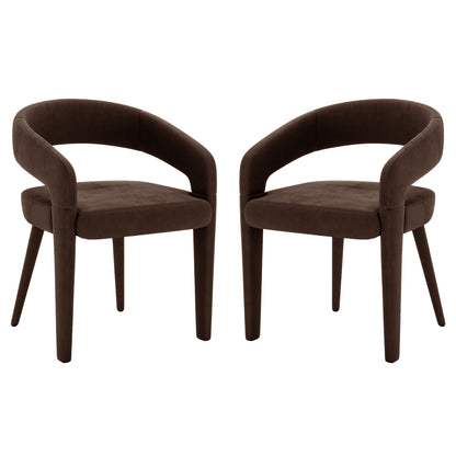 Eisha Velvet Dining Chair Set of 2 in Deep Mocha Brown features rounded backs, short armrests, padded seats, and upholstered straight legs, offering a modern, luxurious touch to any dining area.