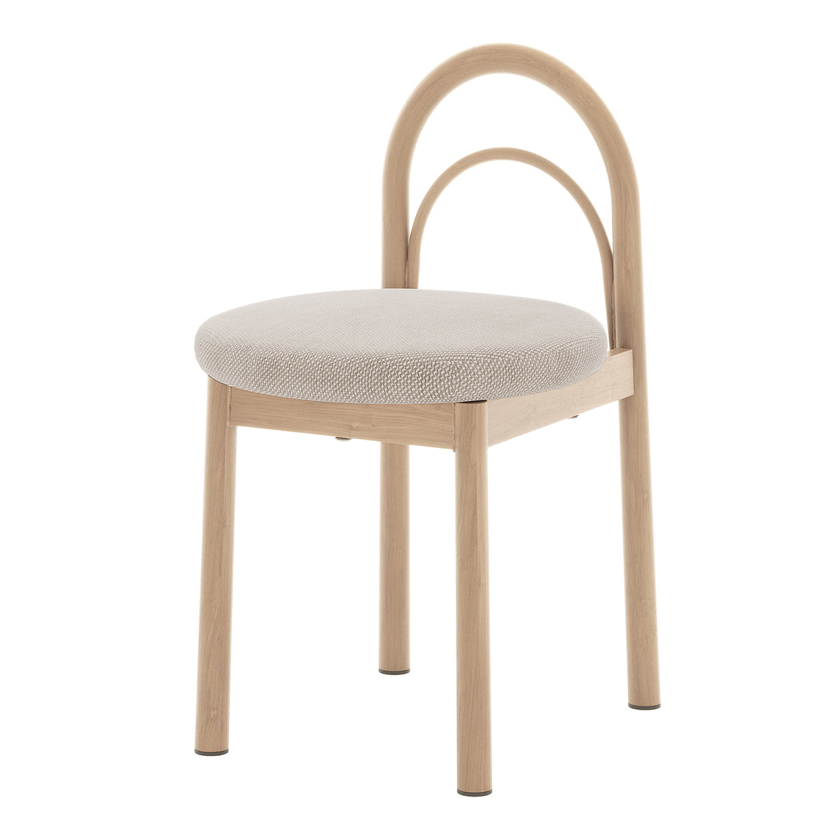 Minimalist chair with rounded seat and arched back on a white background.