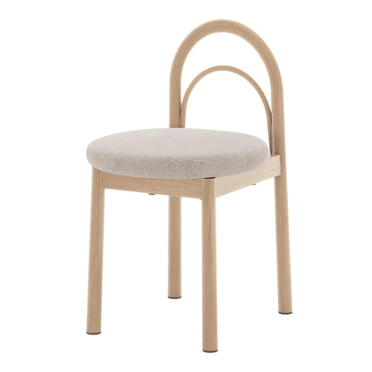 Minimalist chair with rounded seat and arched back on a white background.