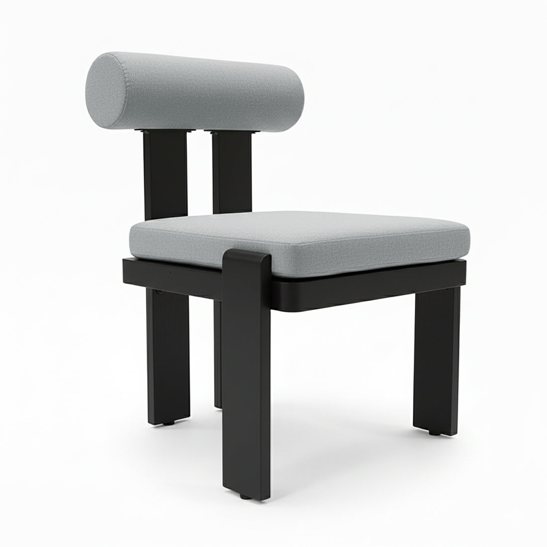 Positano 6 Seater Outdoor Dining Set in Black & Grey, featuring a sleek black metal frame and plush light gray cushions, offering a modern, comfortable outdoor dining experience.