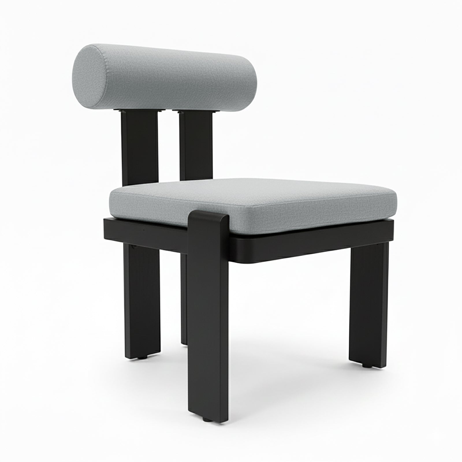 Positano 6 Seater Outdoor Dining Set in Black & Grey, featuring a sleek black metal frame and plush light gray cushions, offering a modern, comfortable outdoor dining experience.