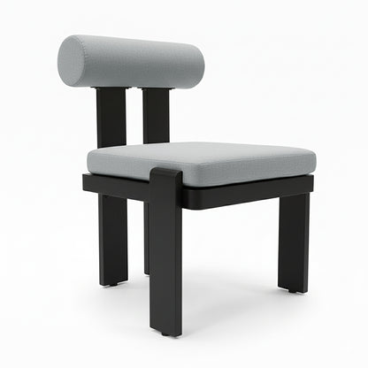 Positano 6 Seater Outdoor Dining Set in Black & Grey, featuring a sleek black metal frame and plush light gray cushions, offering a modern, comfortable outdoor dining experience.