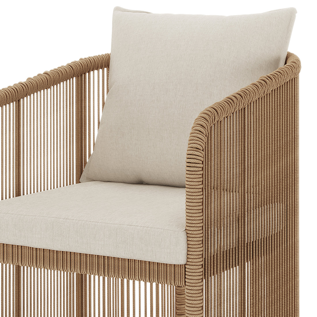 Vellora 4 Seater Wicker Outdoor Dining Set features a modern rope-wrapped armchair with plush light-beige cushions, offering coastal style and comfort, ideal for relaxed alfresco dining.