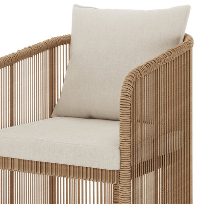 Vellora 4 Seater Wicker Outdoor Dining Set features a modern rope-wrapped armchair with plush light-beige cushions, offering coastal style and comfort, ideal for relaxed alfresco dining.