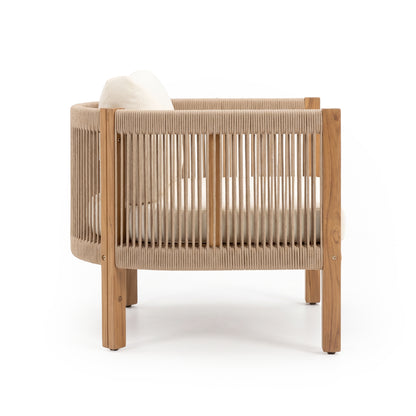 Armchair with wooden frame and woven rope detail on white background
