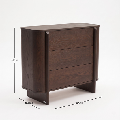Dark wood three-drawer chest with dimension lines showing height, depth, and width