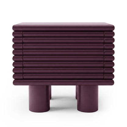 Burgundy ribbed side table on white background