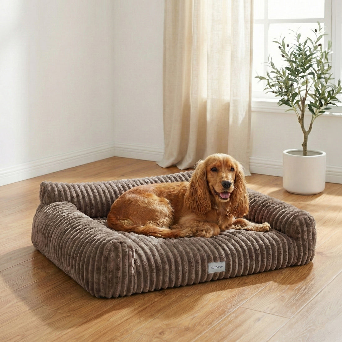 Brown pet bed with dog in stylish room setting
