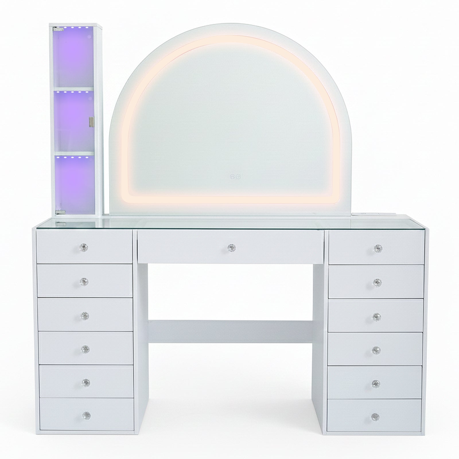 White vanity table with LED semicircular mirror and side shelving on white background