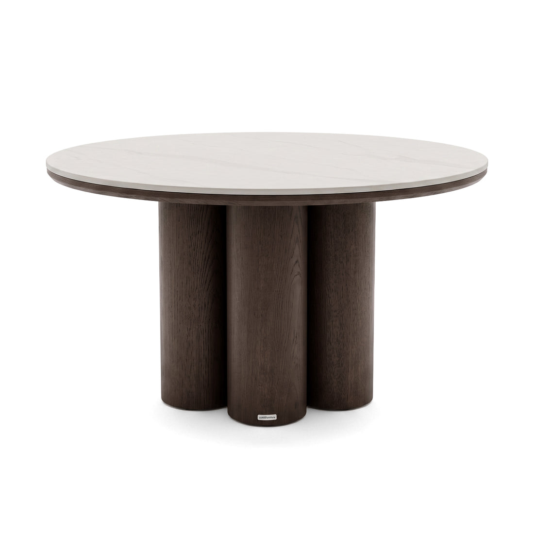 Modern round dining table with light tabletop and three dark cylindrical legs on a white background