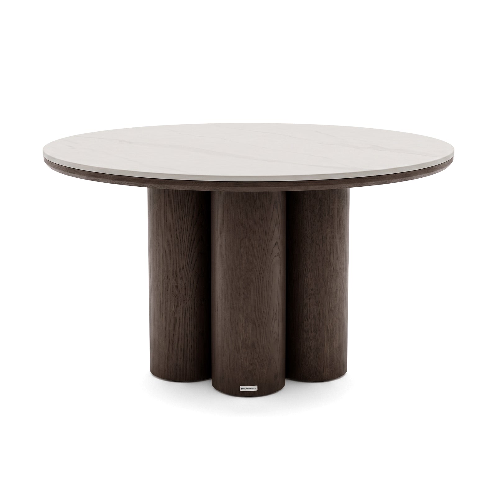 Modern round dining table with light tabletop and three dark cylindrical legs on a white background