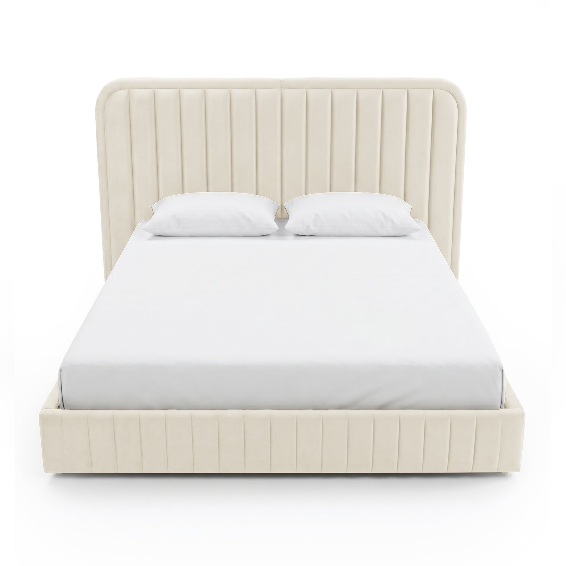 Cream upholstered bed frame with mattress and pillows on white background