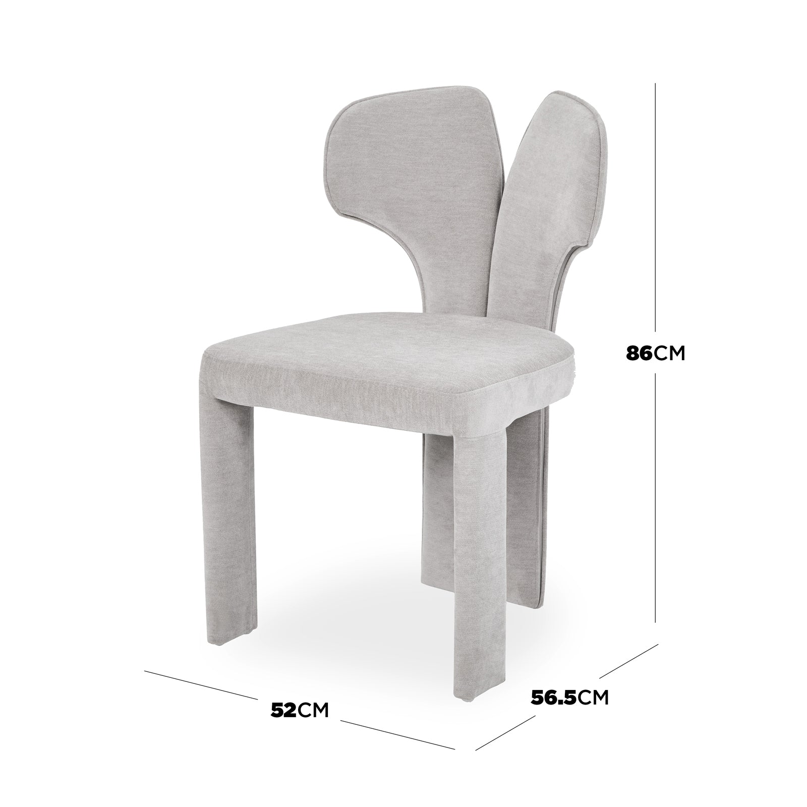 Light gray modern chair on white background with dimension labels